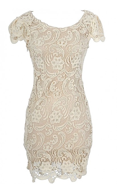 Nila Crochet Lace Capsleeve Pencil Dress in Beige